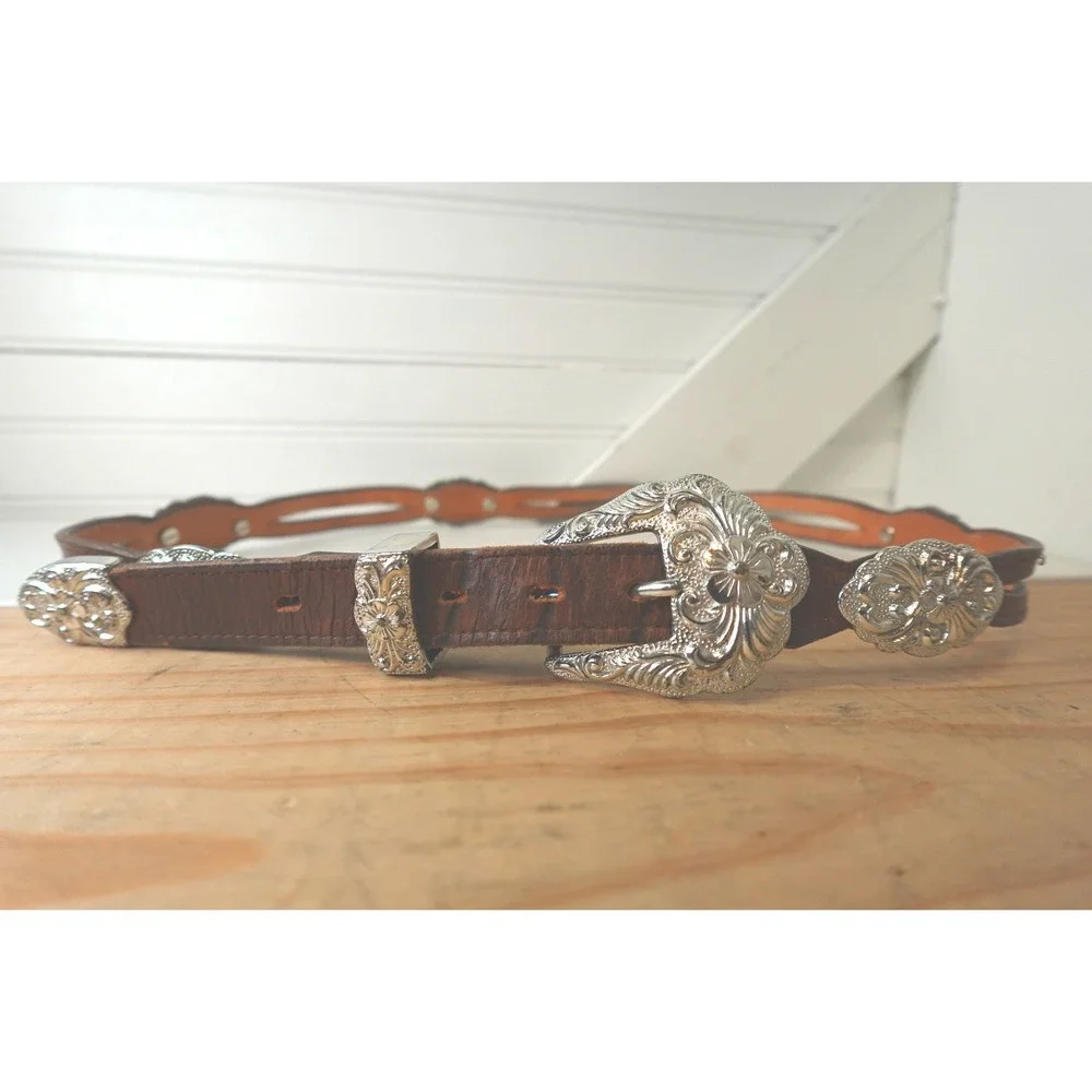 Women's Nocona Concho Belt Size 34 M/L Brown Leather Silver Tone Charms & Buckle